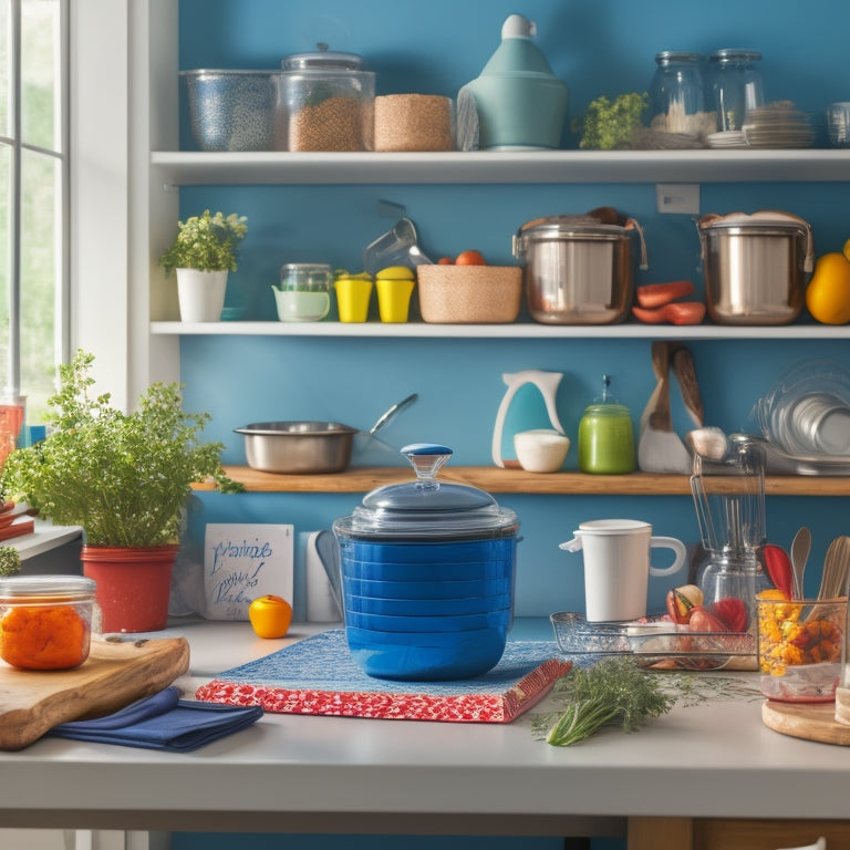 A tidy college kitchen with a laptop open on the counter, surrounded by a few cookbooks, a meal planning whiteboard, and a set of colorful utensils organized in a ceramic jar.