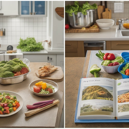 A split-screen image: a cluttered kitchen counter with opened takeout containers and scattered recipe books on the left, and a tidy kitchen counter with a single, organized meal planning binder and a few fresh vegetables on the right.