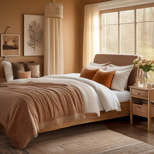 A serene bedroom scene featuring a Bernice's Storage Bed in a warm, honey-brown wood tone, adorned with plush pillows and a delicate, lace-trimmed duvet, set against a soft, creamy background.