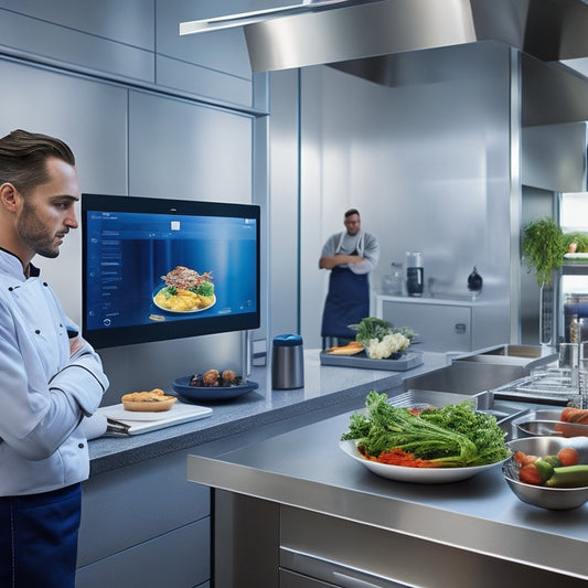 A modern commercial kitchen with sleek stainless steel appliances, a digital kitchen display system on the wall, and a chef efficiently expediting dishes with a tablet and wireless headset.