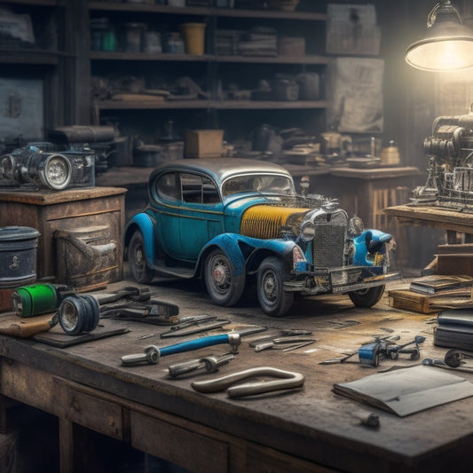 A cluttered workbench with a vintage car's engine disassembled, surrounded by tools and Haynes Manuals, with a pair of goggles and a wrench lying on top of an open manual.