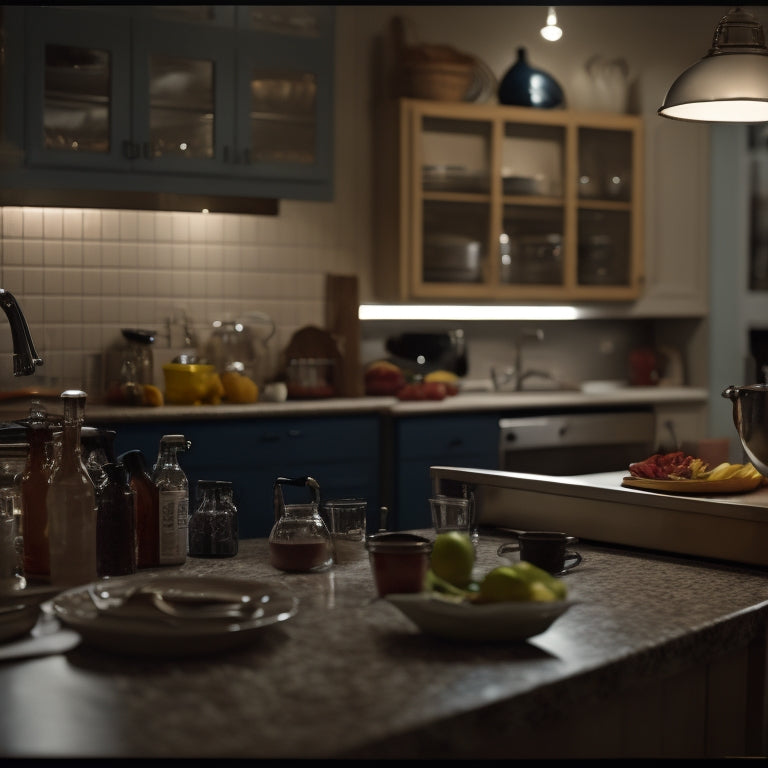 A dimly lit kitchen with cluttered countertops, stacked dishes, and appliances buried under a mess of cords and papers, contrasting with a subtle glimpse of a sleek, modern kitchen in the background.