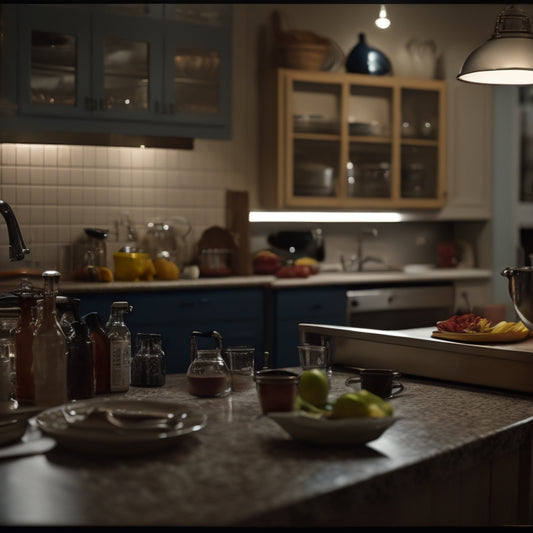 A dimly lit kitchen with cluttered countertops, stacked dishes, and appliances buried under a mess of cords and papers, contrasting with a subtle glimpse of a sleek, modern kitchen in the background.