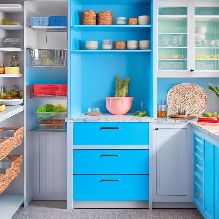 A bright, modern kitchen with three open cabinets, each showcasing a distinct organization system: a pull-out trash can, a utensil divider, and a stack of matching, labeled storage bins.