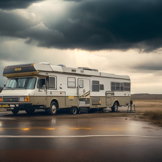 A worn, faded RV with a cracked windshield and flat tire, surrounded by caution tape and warning signs, set against a gloomy, overcast sky with stormy clouds.