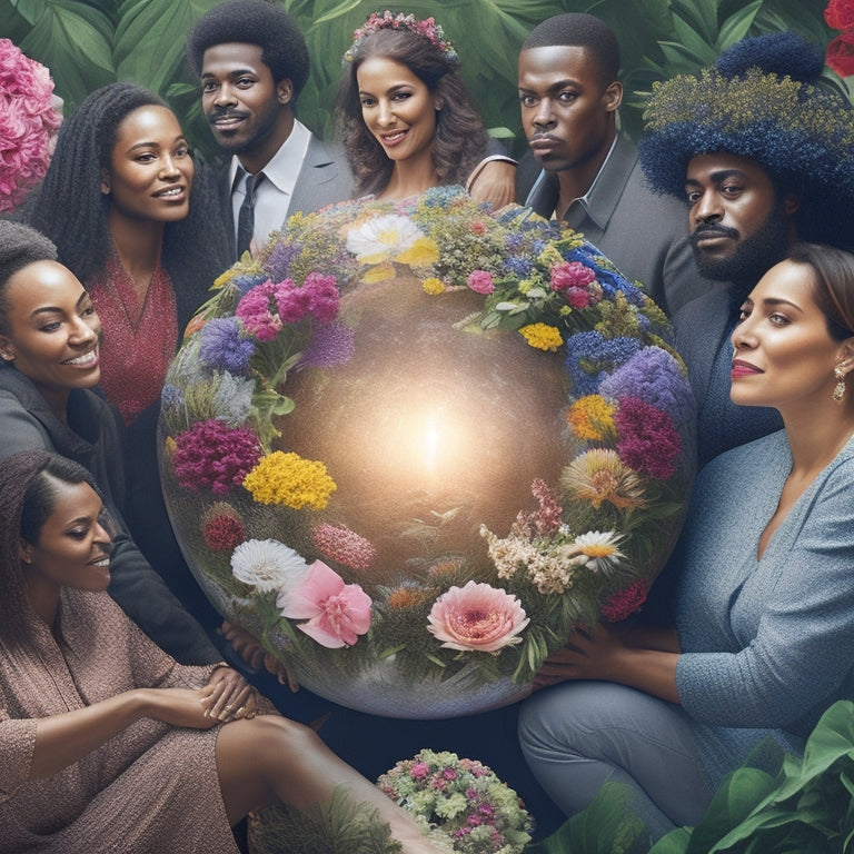 An illustration of diverse entrepreneurs from various ethnic and cultural backgrounds, gathered around a large, glowing orb, surrounded by vibrant flowers and interconnected threads, symbolizing unity and support.