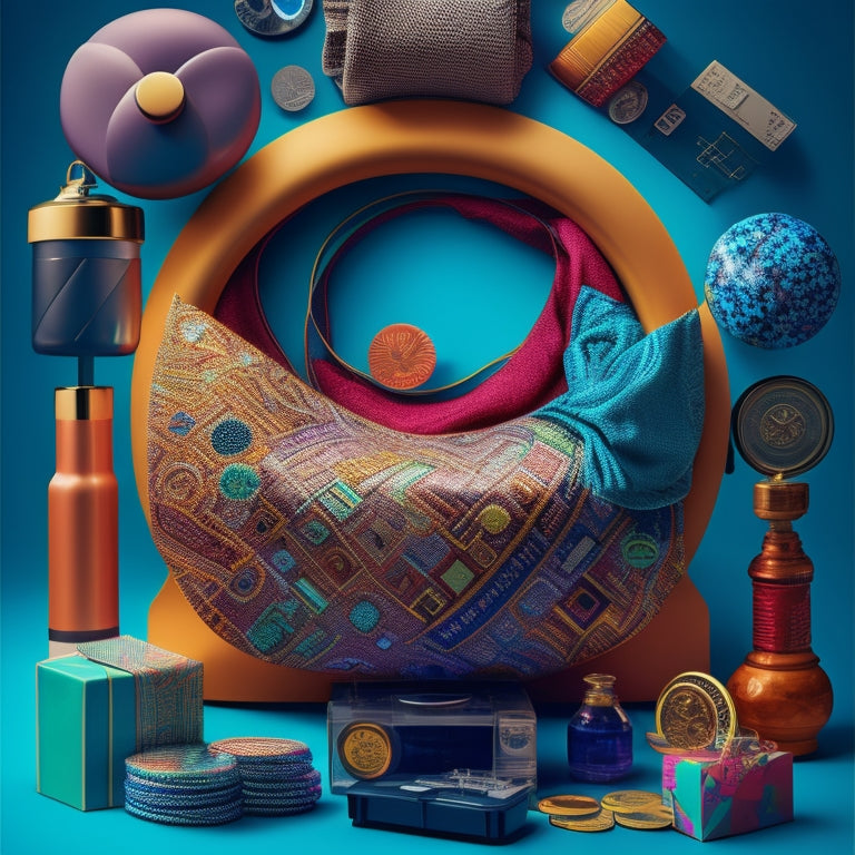 A vibrant, abstract illustration featuring a stylized shopping bag overflowing with electronics, fashion items, and collectibles, surrounded by swirling patterns of circuits, fabrics, and coins.