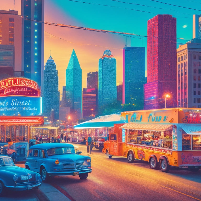 A vibrant illustration of a bustling Dallas street scene at sunset, featuring a variety of colorful food trucks, each with unique designs and logos, surrounded by happy customers and twinkling string lights.