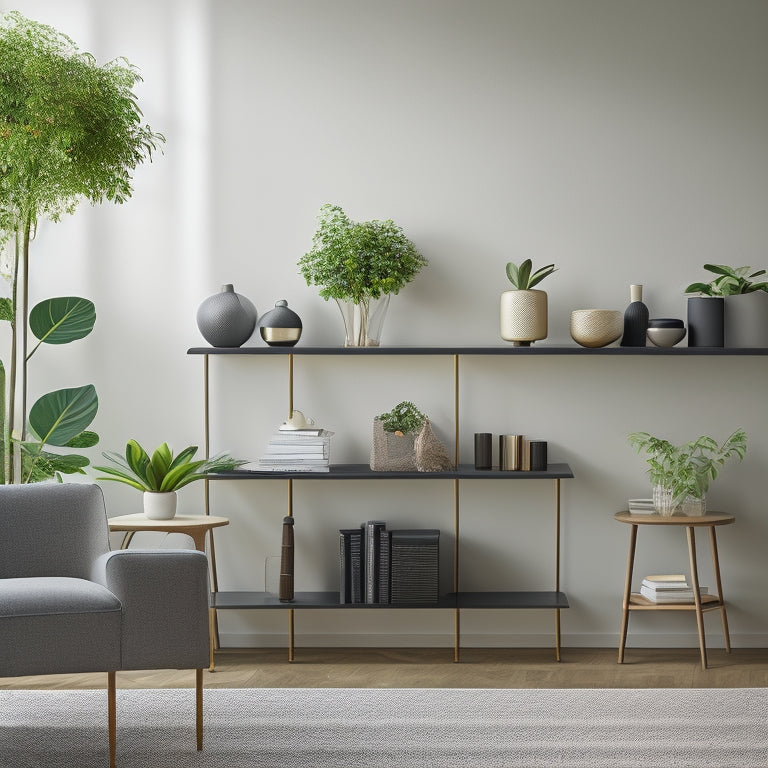 A serene, modern living room with a minimalist aesthetic, featuring a sleek, wall-mounted shelving unit, a tidy desk with a single, potted plant, and a few, carefully-placed decorative objects.