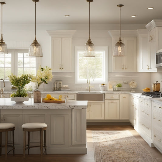 A bright, modern kitchen with cream-colored semi-custom cabinets featuring soft-close drawers, ornate hardware, and a large island with a farmhouse sink and pendant lights hanging above.