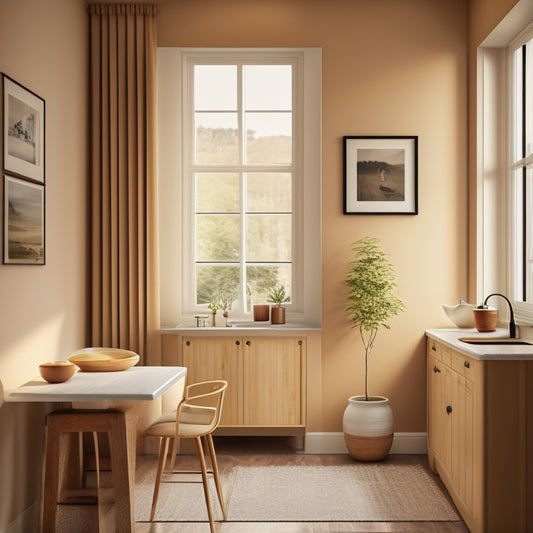 A minimalist kitchen with warm beige walls, wooden accents, and a large window with soft white curtains, featuring a few framed printables in simple black frames on a blank wall.