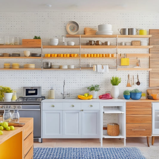 A bright, modern kitchen with sleek white cabinets, a large island, and a pegboard on the wall, featuring organized cookware, utensils, and spices, with a tablet or laptop open on the counter.