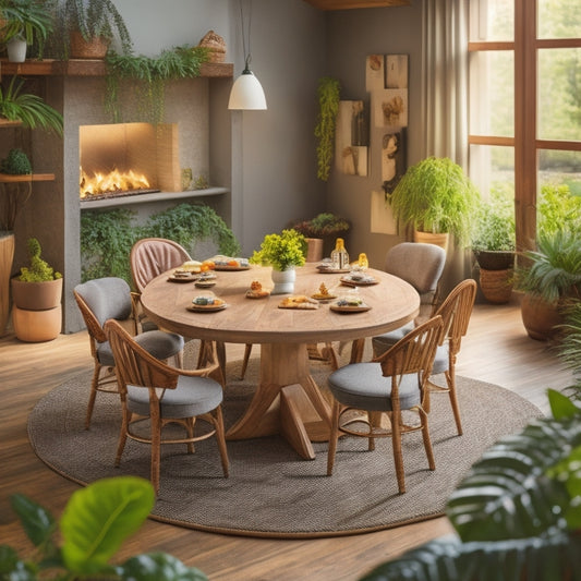 A serene, well-lit indoor space with a large, wooden Sippo Domino's table at its center, surrounded by plush chairs, lush greenery, and a few scattered dominoes, evoking warmth and coziness.
