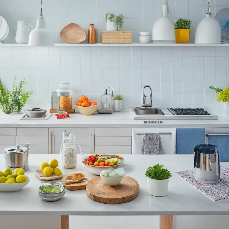 A bright, modern kitchen with a large, white island in the center, featuring a sleek, silver laptop open to a digital recipe template, surrounded by utensils, ingredients, and a few perfectly placed kitchen gadgets.