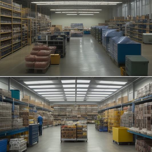 A split-screen image featuring four distinct scenes: a tidy warehouse with labeled shelves, a bustling retail store with organized racks, a streamline production line, and a clutter-free office with minimal desks.