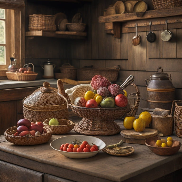 A warm, rustic kitchen scene with a worn, wooden farmhouse table at center, surrounded by vintage utensils, a wicker basket of fresh produce, and a few, leather-bound, antique cookbooks.