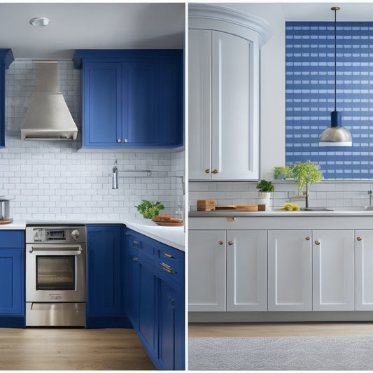 A split-screen image featuring a sleek, modern kitchen with a solid-colored backsplash in a calming shade of light gray on one side, and a bold, geometric-patterned backsplash in a contrasting combination of navy blue and crisp white on the other.