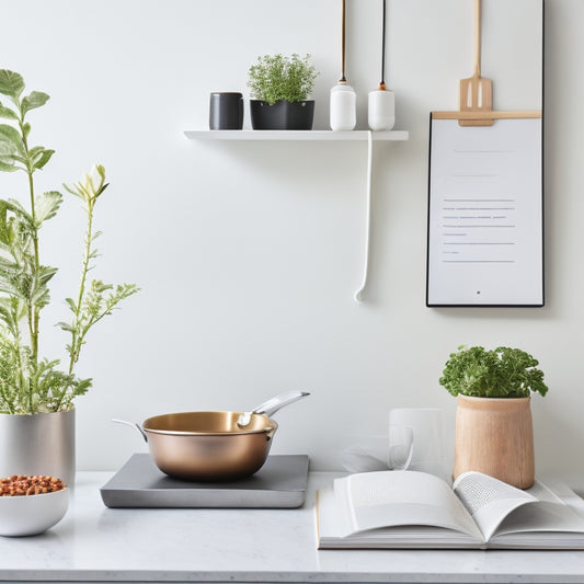 A minimalist kitchen with a vegan cookbook and a tablet displaying a digital decluttering guide, surrounded by a few carefully arranged kitchen utensils and a small potted herb plant on a clean, white countertop.