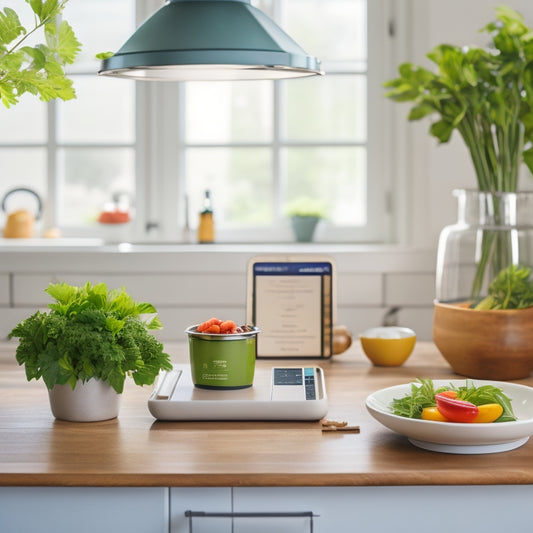 A tidy kitchen counter with a tablet displaying a meal planning app, surrounded by healthy ingredients, a bamboo utensil holder, and a small potted herb plant, with a subtle green and white color scheme.