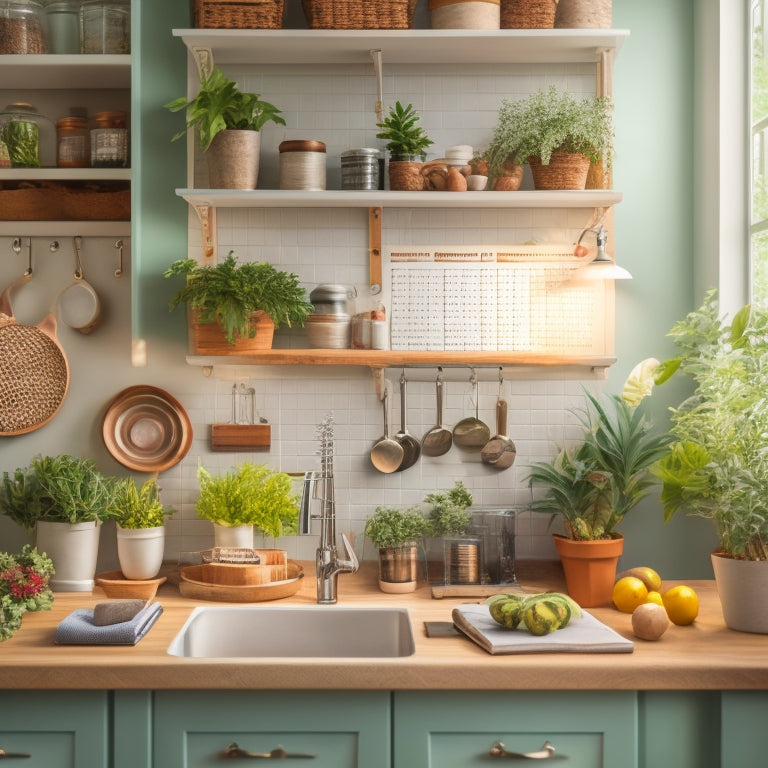 A warm and organized kitchen with a tidy countertop, a utensil-filled pegboard, a labeled spice rack, and a calendar stuck to the fridge, surrounded by thriving green plants and natural light.