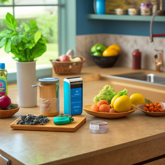 A tidy kitchen counter with a few healthy ingredients, a smartphone displaying a meal planning app, and a small recycling bin with discarded food packaging in the background.