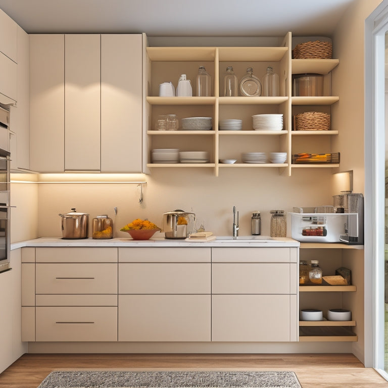 A modern kitchen with sleek, handle-less cabinets, featuring a pull-out pantry with clear glass shelves, a pull-down spice rack, and a slide-out trash can, set against a warm, cream-colored background.