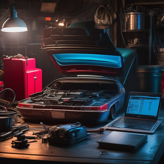 A close-up of a Cherry car's engine with a partially open hood, surrounded by scattered tools and a laptop with a screen displaying a digital manual, on a dimly lit garage floor.