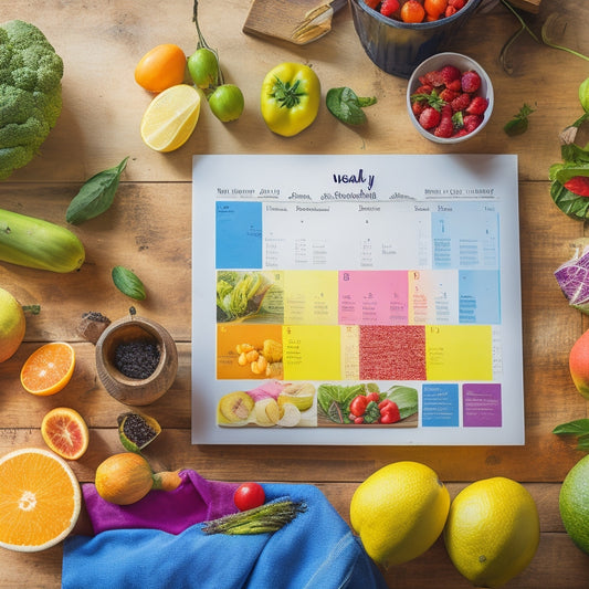 A bright and colorful illustration of a weekly calendar spread on a wooden kitchen table, surrounded by fresh fruits, vegetables, and a few cookbooks, with a faint outline of a meal planning template in the background.