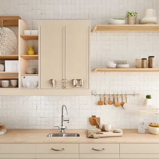 A tidy, modern kitchen with cream-colored cabinets, sleek countertops, and a minimalist aesthetic, featuring a pegboard, utensil organizers, and a compact shelving unit, illuminated by soft, natural light.