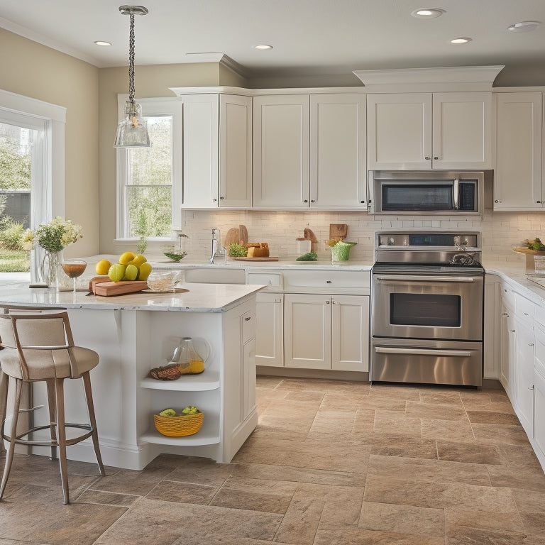 A bright, modern kitchen with cream cabinets, stainless steel appliances, and a large island in the center, featuring a built-in cooktop and seating for three, surrounded by ample counter space.