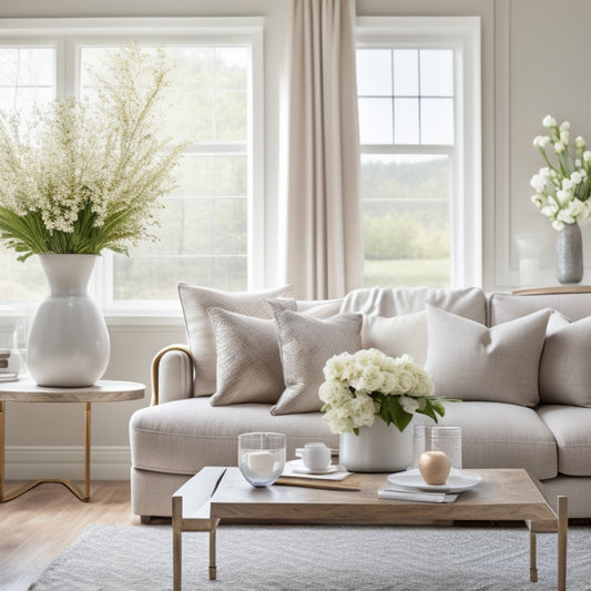 A serene, bright living room with a neutral color palette, strategically placed furniture, and tasteful decor, showcasing a perfectly staged home with a large window and a vase with fresh white flowers.