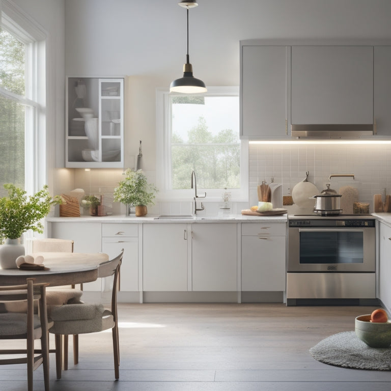 A serene kitchen with a few, carefully-placed appliances, a minimalist countertop, and a single, open cookbook surrounded by a subtle halo of light, evoking a sense of organization and calm.