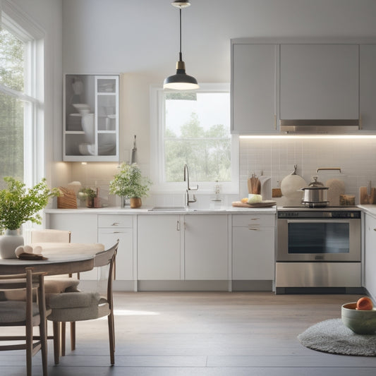 A serene kitchen with a few, carefully-placed appliances, a minimalist countertop, and a single, open cookbook surrounded by a subtle halo of light, evoking a sense of organization and calm.