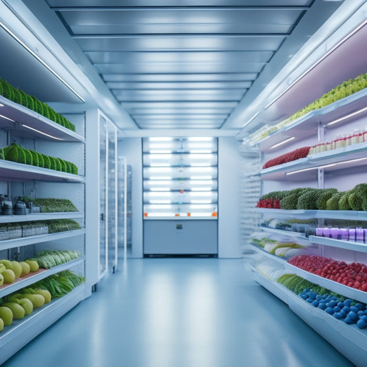 A futuristic, high-tech laboratory with rows of sleek, silver shelves lined with various fruits and vegetables, surrounded by futuristic gadgets and sensors monitoring ethylene gas levels.
