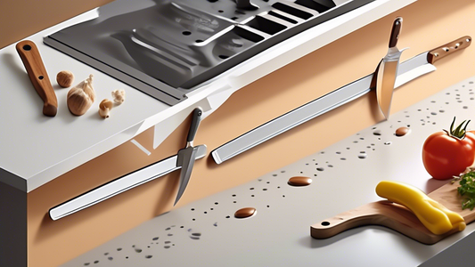 Create an image of a kitchen showing step-by-step instructions on how to install a magnetic knife strip, starting from choosing the right location on the wall, marking the holes, drilling, screwing the strip to the wall, and finally arranging knives 