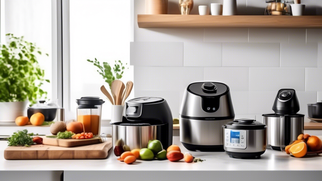 Create an image of a modern kitchen with a variety of versatile kitchen appliances such as a multi-function blender, air fryer, instant pot, and stand mixer, all neatly arranged on a sleek countertop. The kitchen should have a clean, inviting aesthet