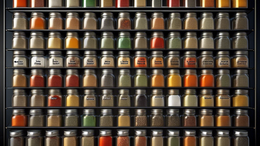 Create an image of a beautifully organized spice rack with a variety of colorful spices in individual jars, neatly arranged alphabetically. Each jar is labeled clearly with the name of the spice on a matching label, creating a visually appealing and 