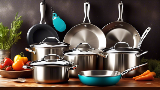 Create an image of a modern stainless steel cookware set gleaming in a rustic kitchen setting, showcasing features that make it rust-resistant.