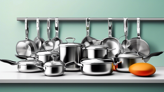 Create an image of a compact stainless steel cookware set neatly arranged on a small kitchen countertop, showcasing its space-saving design and practicality for small kitchen spaces.
