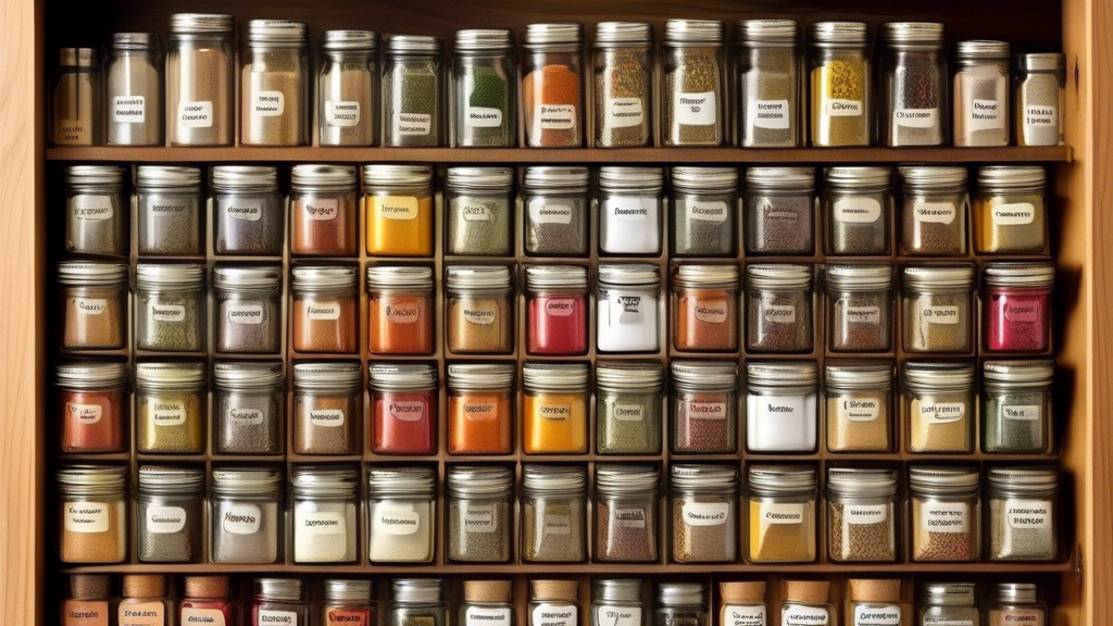 Create an image of a beautifully organized kitchen drawer filled with an assortment of labeled spice jars neatly arranged in rows, showcasing a colorful array of spices and herbs. The labels are clear and easy to read, and the spices are arranged in 