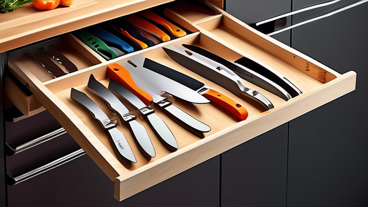 Create an image of a small kitchen with limited counter space, showing ingenious and compact ways to store a variety of knives for easy access and organization. Include features such as magnetic knife strips, under-cabinet knife blocks, or foldable k