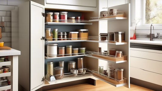 Create an image of a small kitchen with innovative storage solutions such as pull-out pantry shelves, magnetic knife strips, stackable storage containers, under-shelf baskets, hanging pot racks, wall-mounted spice racks, and sliding cabinet organizer