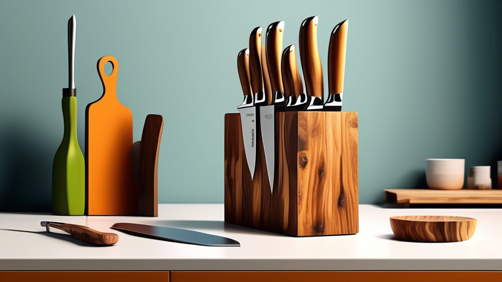 Create an image of a wooden knife block being meticulously cleaned and oiled, with various shiny and sharp kitchen knives neatly arranged inside, set against a clean and organized kitchen countertop.