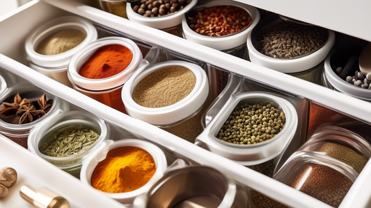 Create an image of a well-organized spice drawer featuring five different creative organization ideas, such as magnetic spice jars, labeled spice containers, tiered spice racks, spice drawer inserts, and color-coded spice organization. The image shou