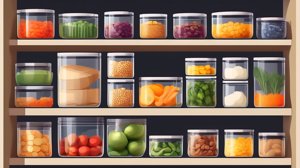 Create an image of a kitchen pantry filled with neatly stacked and organized stackable glass food storage containers of various sizes and shapes. Each container should be transparent to showcase the food items inside, such as grains, nuts, fruits, an