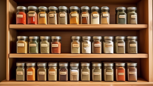 Create an image of a beautifully organized spice rack in a kitchen, with labeled jars or containers neatly arranged in rows and easily accessible. The labels should be colorful and easy to read, with a variety of popular spices such as cinnamon, cumi