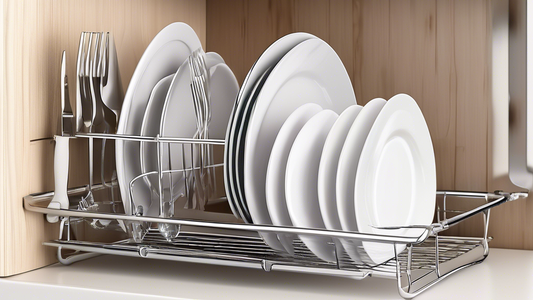 Create an image of a compact dish drying solution for RV kitchens - a foldable stainless steel rack - showcasing its space-saving design and practicality for small living spaces. The image should include dishes neatly arranged on the rack, demonstrat