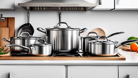 Create an image of a high-quality stainless steel cookware set displayed on a kitchen countertop, featuring durable pots and pans with comfortable and ergonomically designed handles for ease of use. The cookware should appear sleek and modern, showca