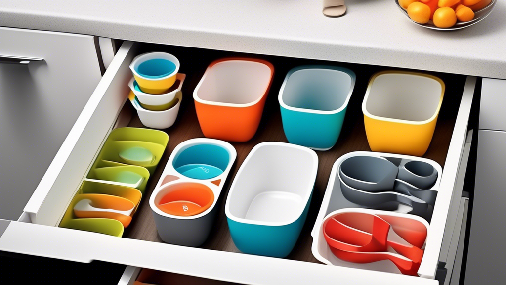 Create an image of a sleek, modern kitchen drawer with brilliantly designed collapsible measuring cups neatly organized inside. The measuring cups should be stylish and functional, showcasing their collapsible feature in a compact and tidy manner. Th