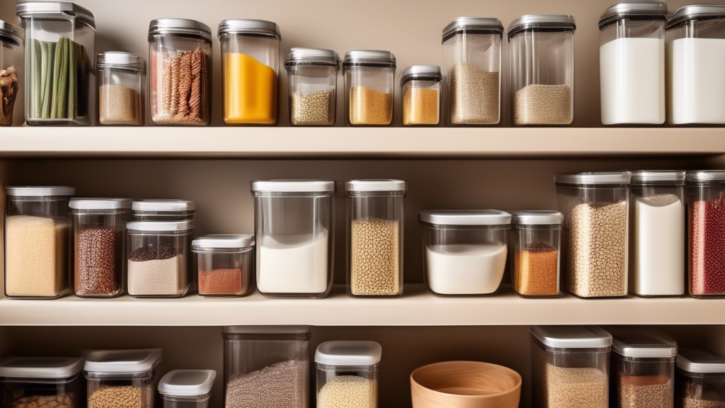 Create an image of a beautifully organized pantry shelf filled with a variety of airtight containers, showcasing different shapes, sizes, and styles that are perfect for organizing pantry staples like grains, pasta, spices, and snacks. The containers